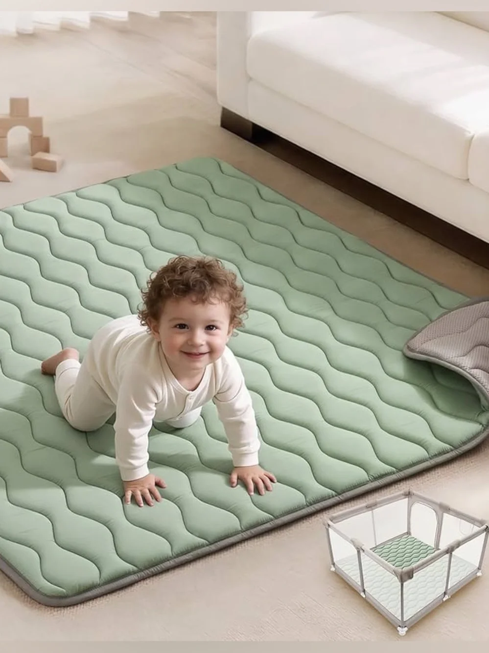 Blissful Diary Sage Baby Padded Play Mat for Floor, 50x50 Playpen Tummy Time Mat